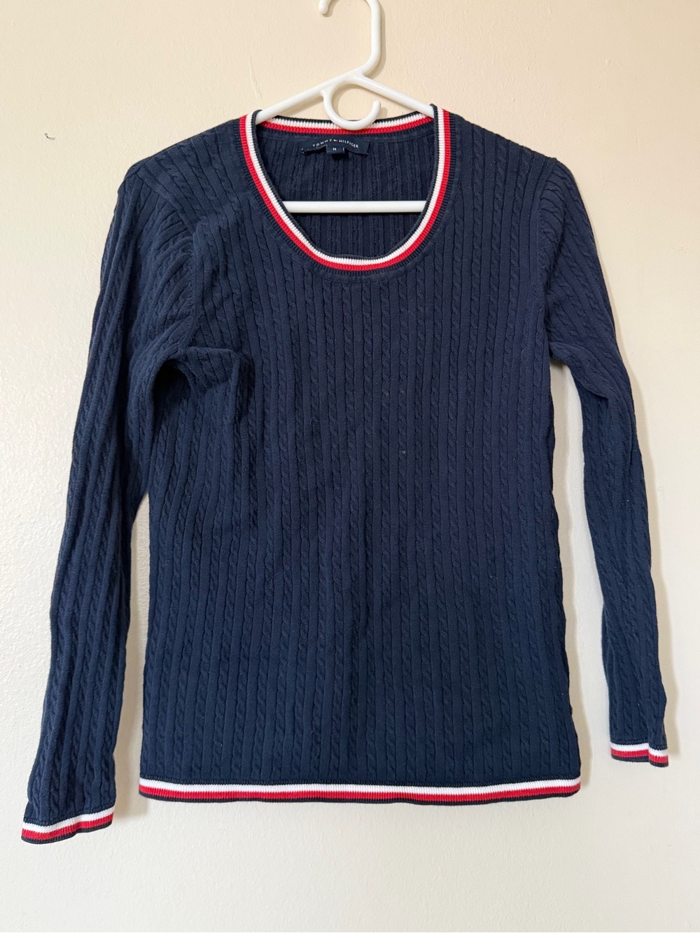 Tommy Hilfiger Navy Cable-Knit Crewneck with Red & White Trim